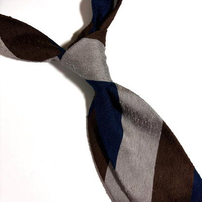 Navy Blue / Silver / Brown Block Stripe Untipped Silk Shantung Tie-1