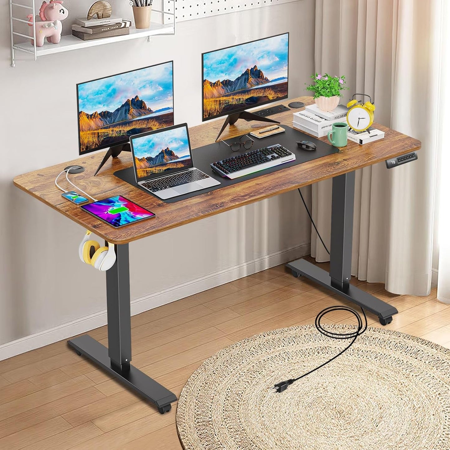 Electric Standing Desk 55 X 24In with Charging Station, Stand up Desk with Oversized Mouse Pad, 2 USB Ports & 3 Power Outlets, 4 Caster, 4 Preset Heights Easy to Set（Brown）-1