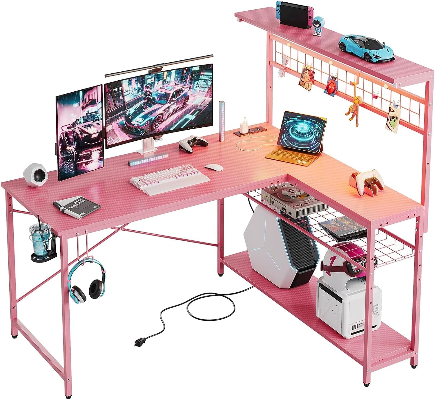 Gaming Desk 51" L-Shaped, with Power Outlets & LED Lights- 4 Tier Shelves, Reversible Gamer Table with Hooks & Cup Holder for Home Office Carbon Fiber Pink-0