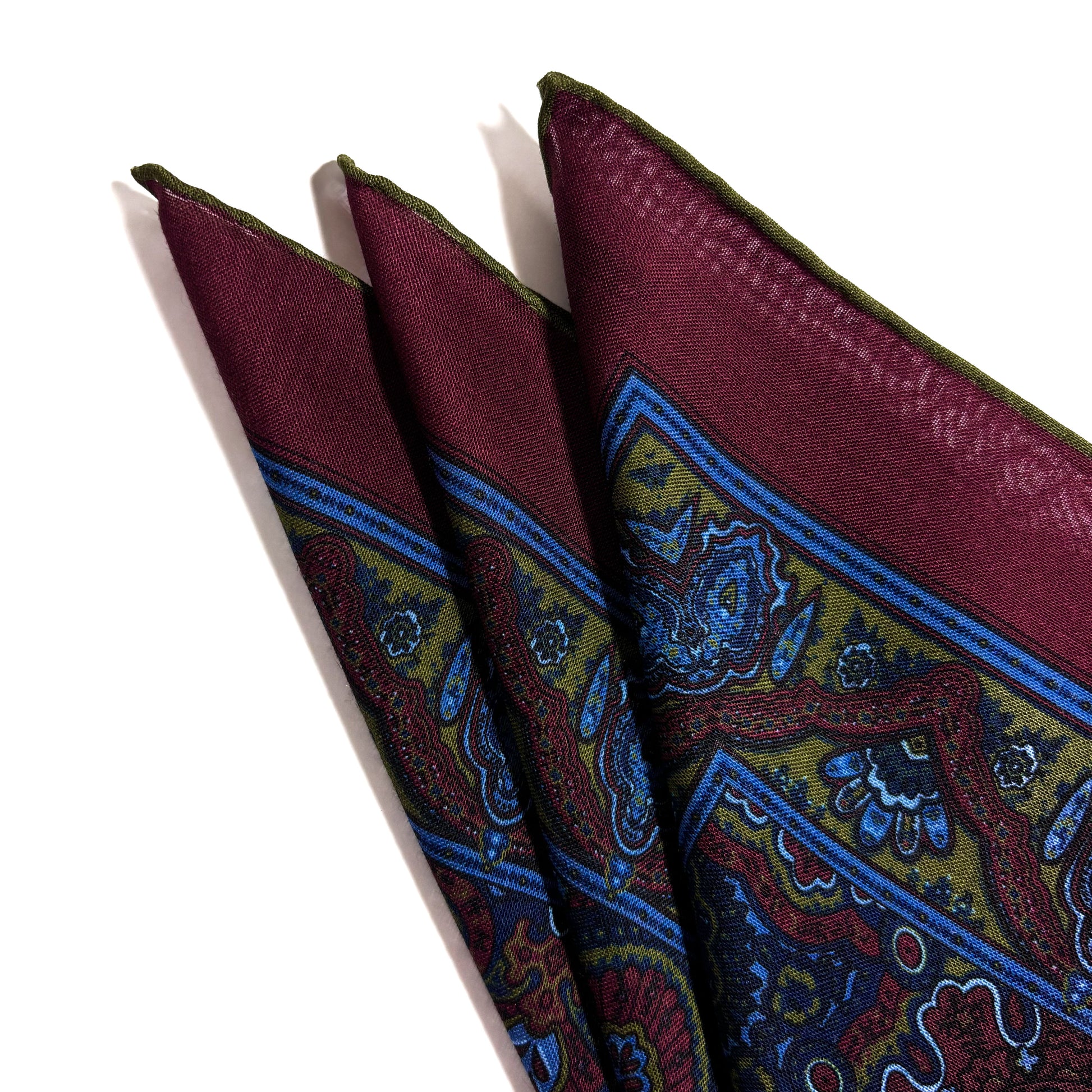 Dominus - Burgundy & Olive Green - Wool/Silk Pocket Square-2