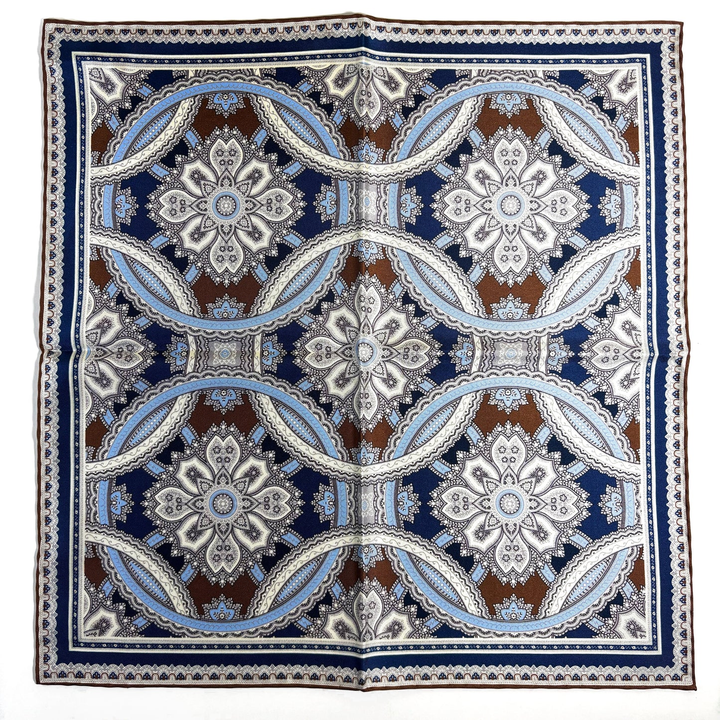 Brown & Light Blue Large Medallion Silk Pocket Square-3