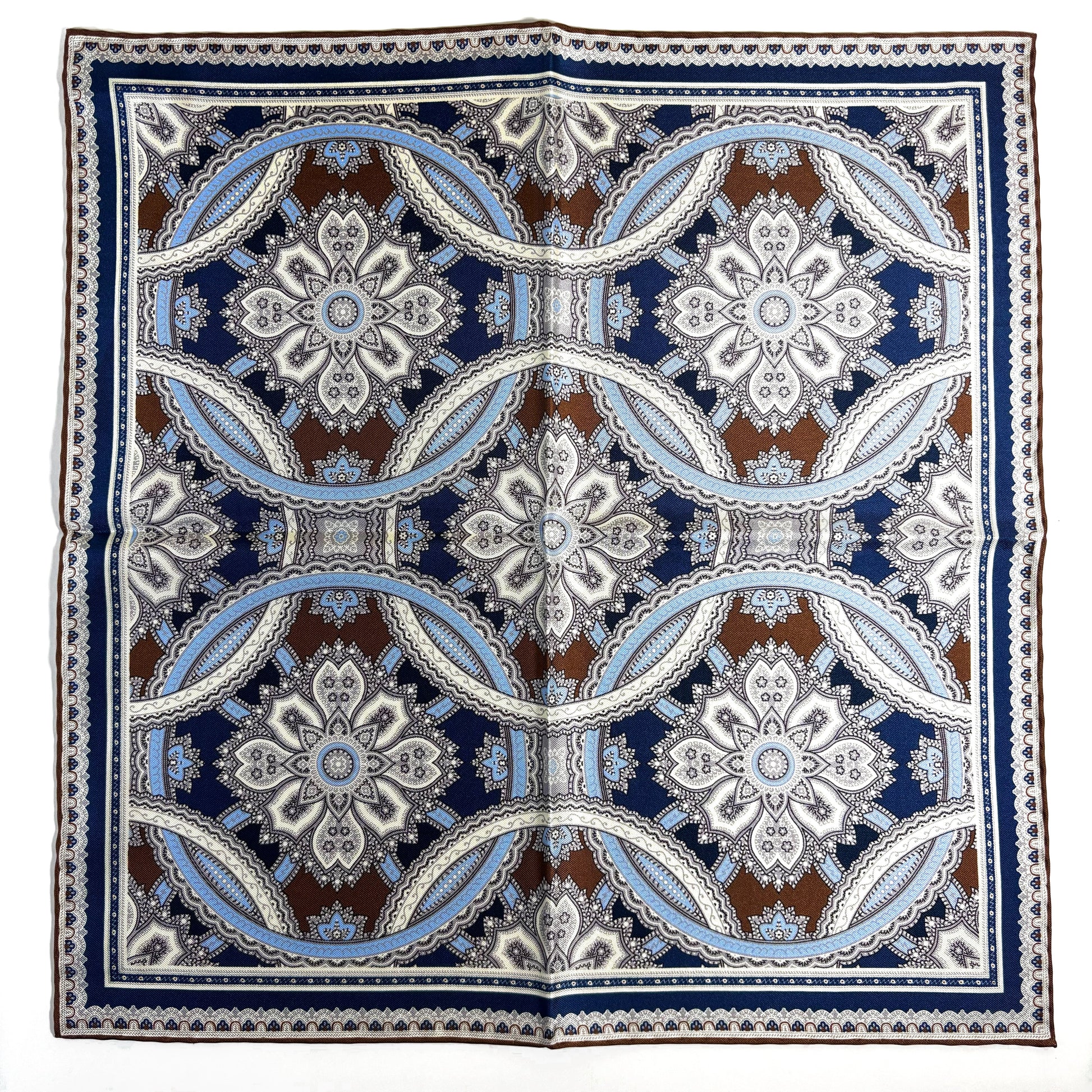 Brown & Light Blue Large Medallion Silk Pocket Square-3