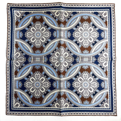 Brown & Light Blue Large Medallion Silk Pocket Square-3