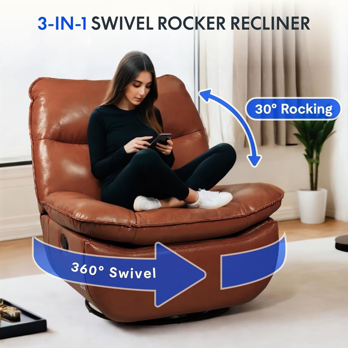 XRC7 Recliner Chair for Adults 350 LBS, Faux Leather Oversized Swivel Rocker Recliner Chair W/Side Pocket, Cross-Legged Armless Recliner Lounge Sofa for Living Room Bedroom, Orange (XC6)-3