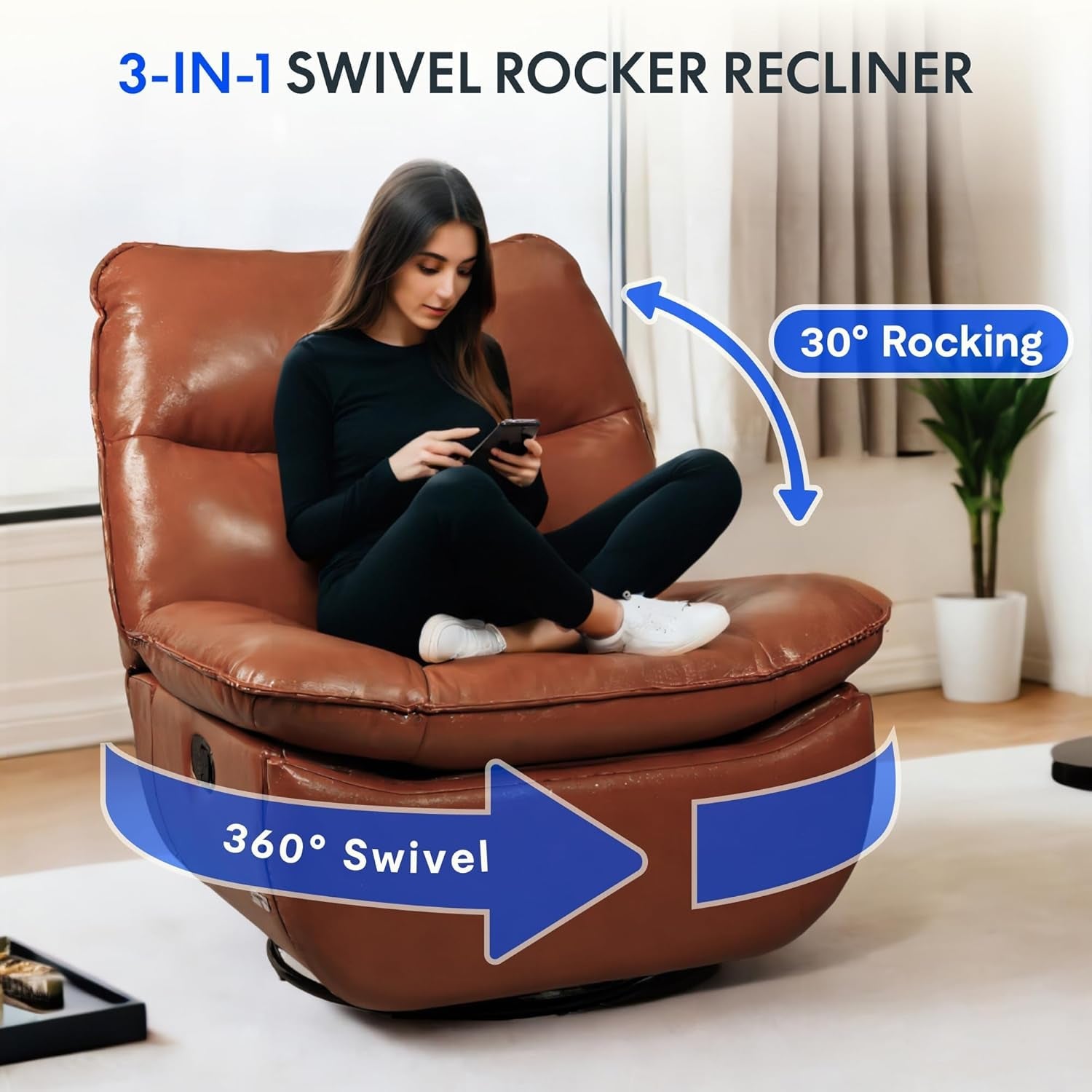 XRC7 Recliner Chair for Adults 350 LBS, Faux Leather Oversized Swivel Rocker Recliner Chair W/Side Pocket, Cross-Legged Armless Recliner Lounge Sofa for Living Room Bedroom, Orange (XC6)-3