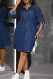 Casual Solid Color Pocket Buckle Turndown Collar Denim Plus Size Dresses