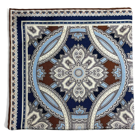 Brown & Light Blue Large Medallion Silk Pocket Square-0