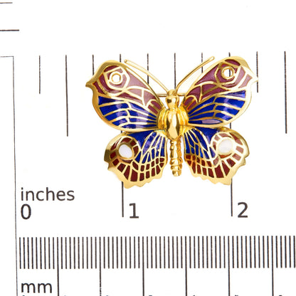 18K Yellow Gold Red, Blue, and White Enameled Butterfly Brooch Pin-4
