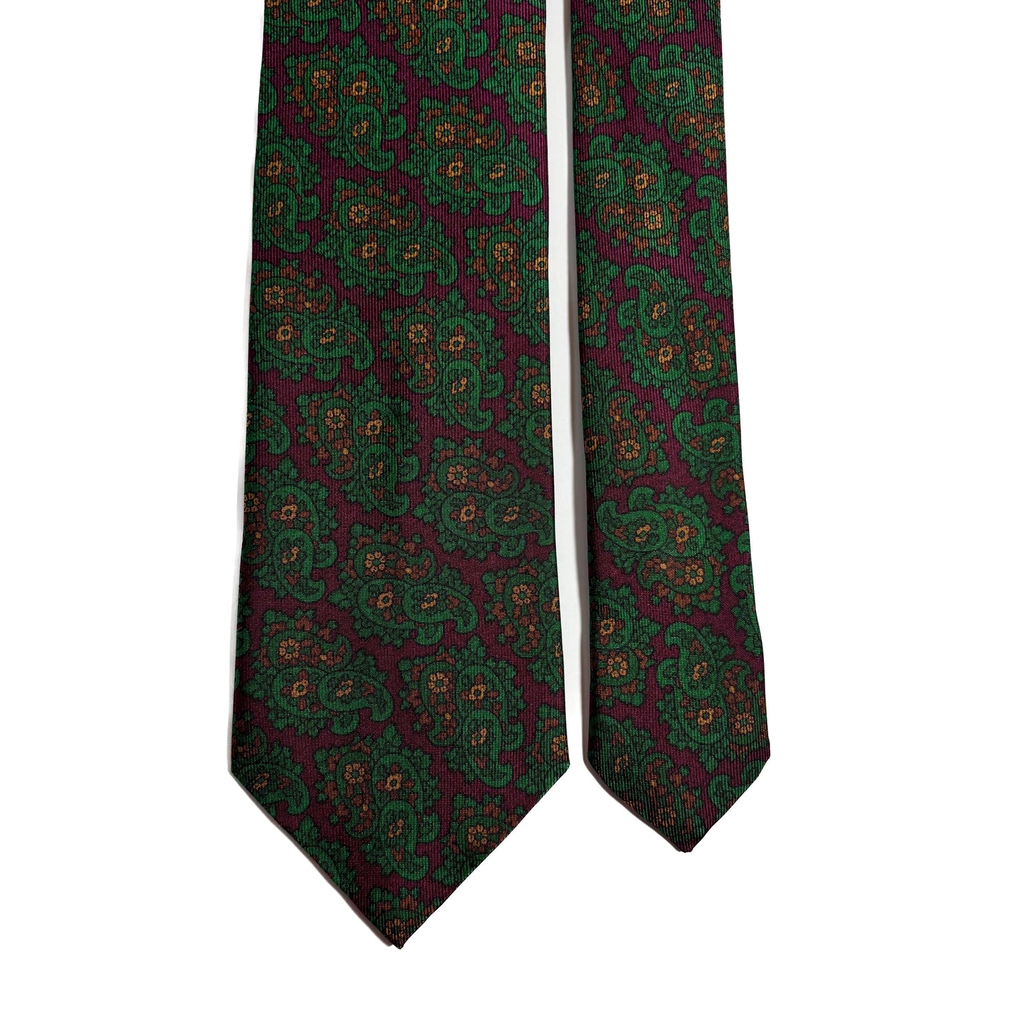 Hand-Printed Wine Red & Green Paisley Ancient Madder Silk Tie-2