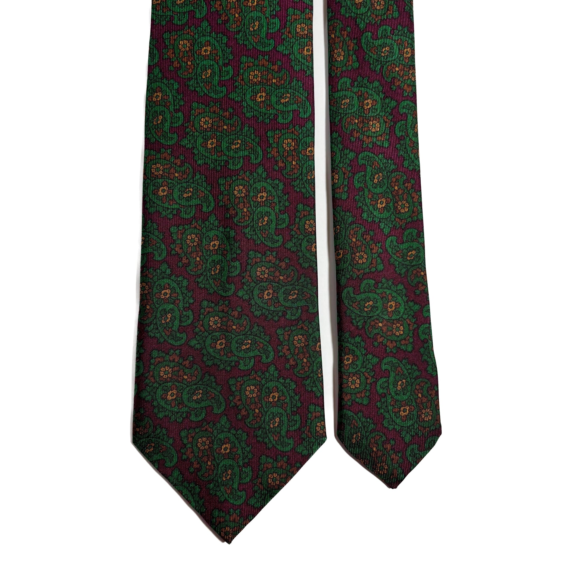 Hand-Printed Wine Red & Green Paisley Ancient Madder Silk Tie-2