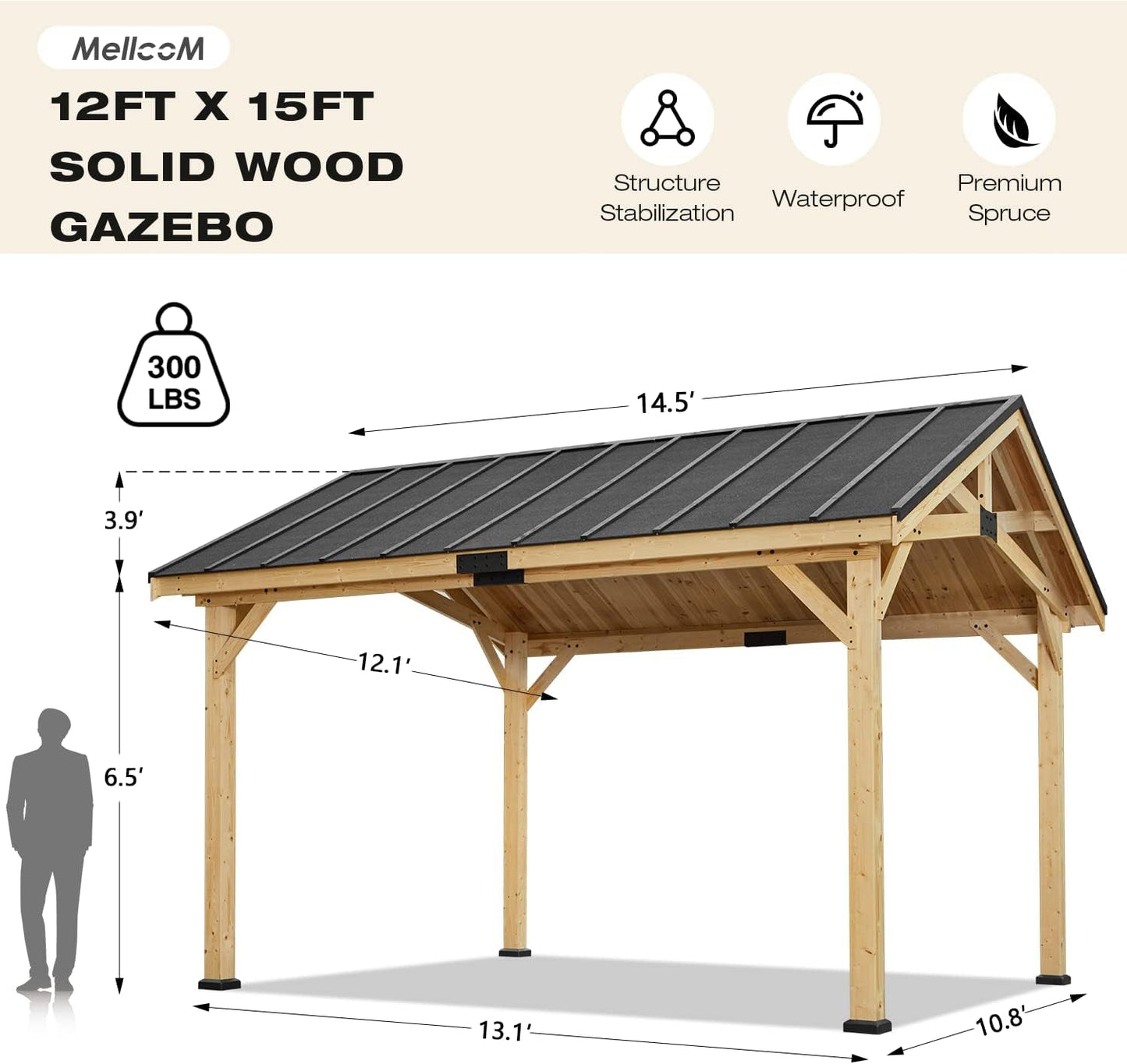 12x15 Spruce Wood Hardtop Gazebo Asphalt Roof-4