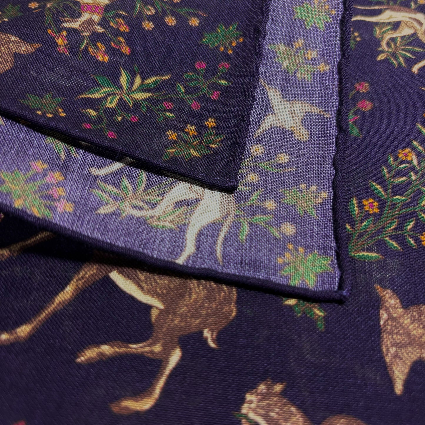 Terra - Floral Animal Motif - Purple - Wool/Silk Pocket Square-2