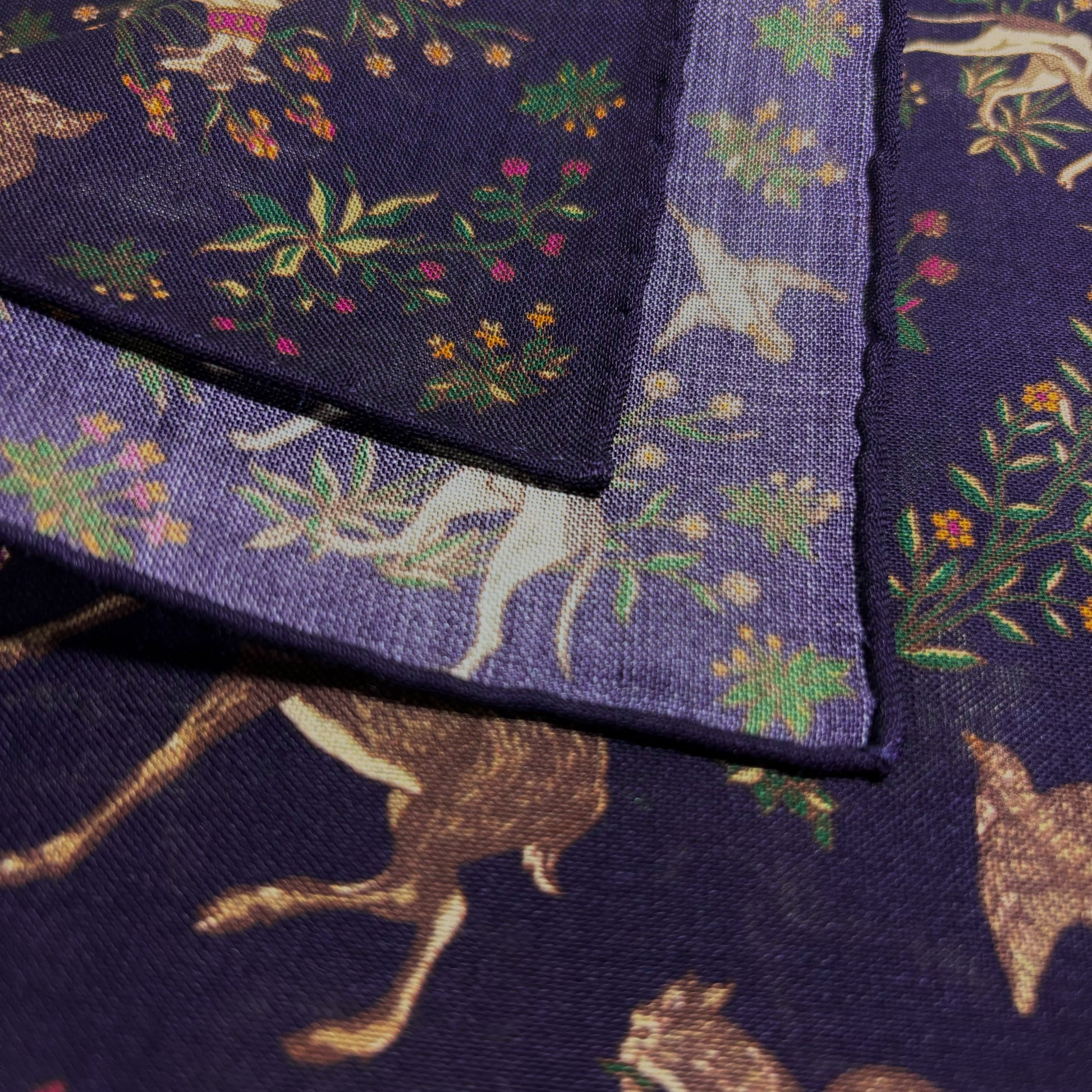 Terra - Floral Animal Motif - Purple - Wool/Silk Pocket Square-2
