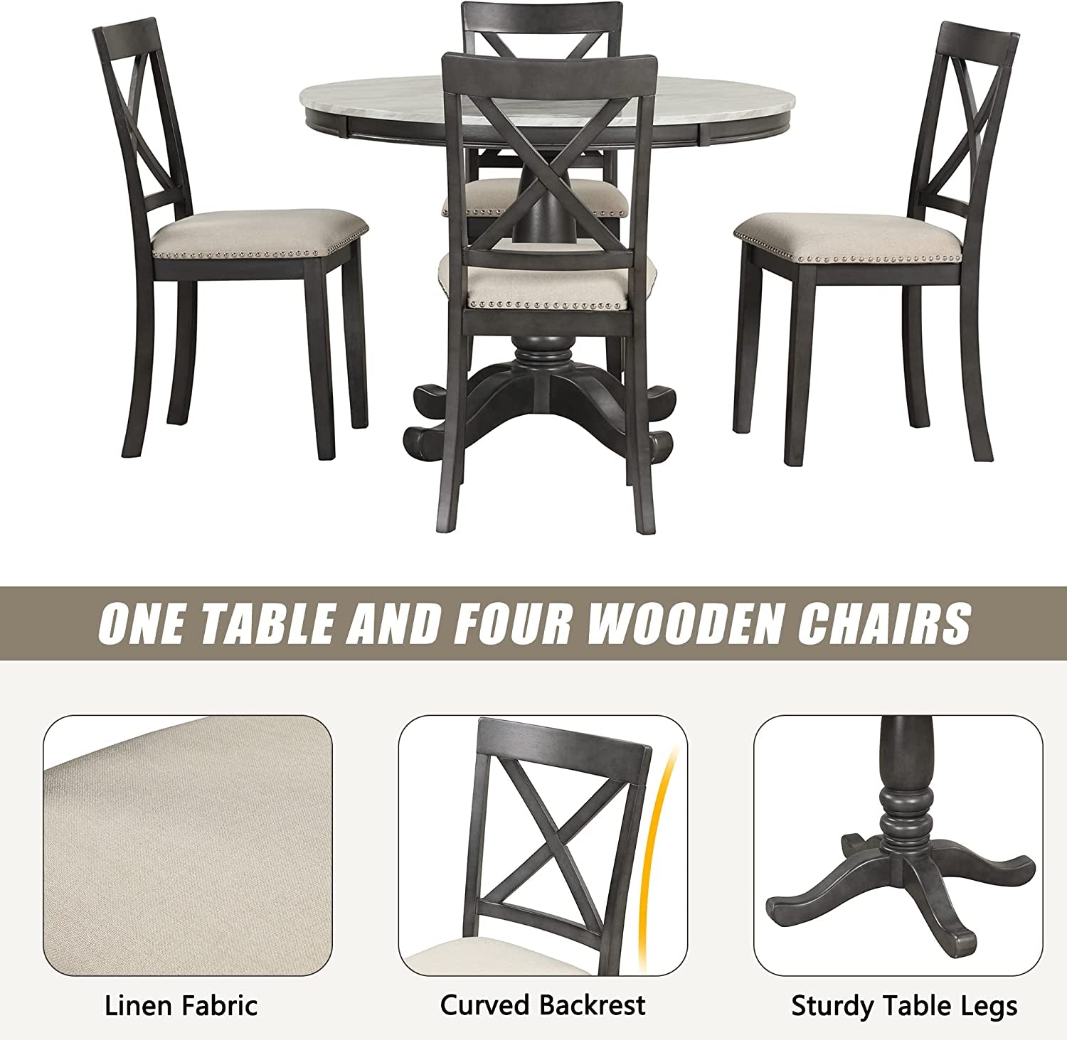 Wood 5-Piece round Dining Table Set with Cushioned Chairs-3