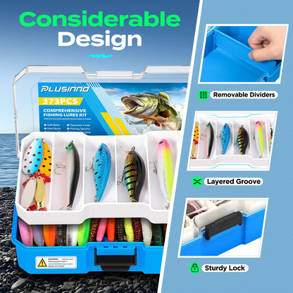 PLUSINNO Fishing Tackle Box with Tackle Included, 373PCS Fishing Lures Kit with Removable Tray, Fishing Gear with Pliers, Weights, Hooks, Accessories, Fishing Tackle Lure Kit Gifts for Men Bass Trout