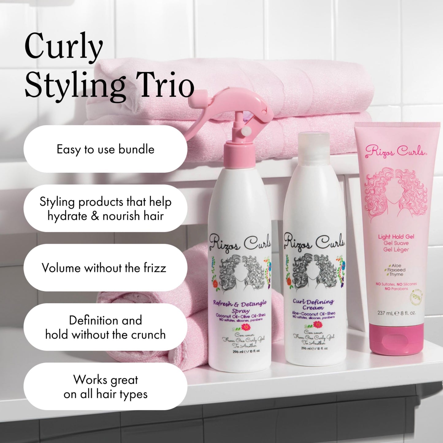 Rizos Curls Styling Starter Kit, Refresh and Detangle Spray & Curl Defining Cream & Light Hold Gel Bundle, Enhance & Define Curls, Add Volume & Hold, Frizz Control & Shine