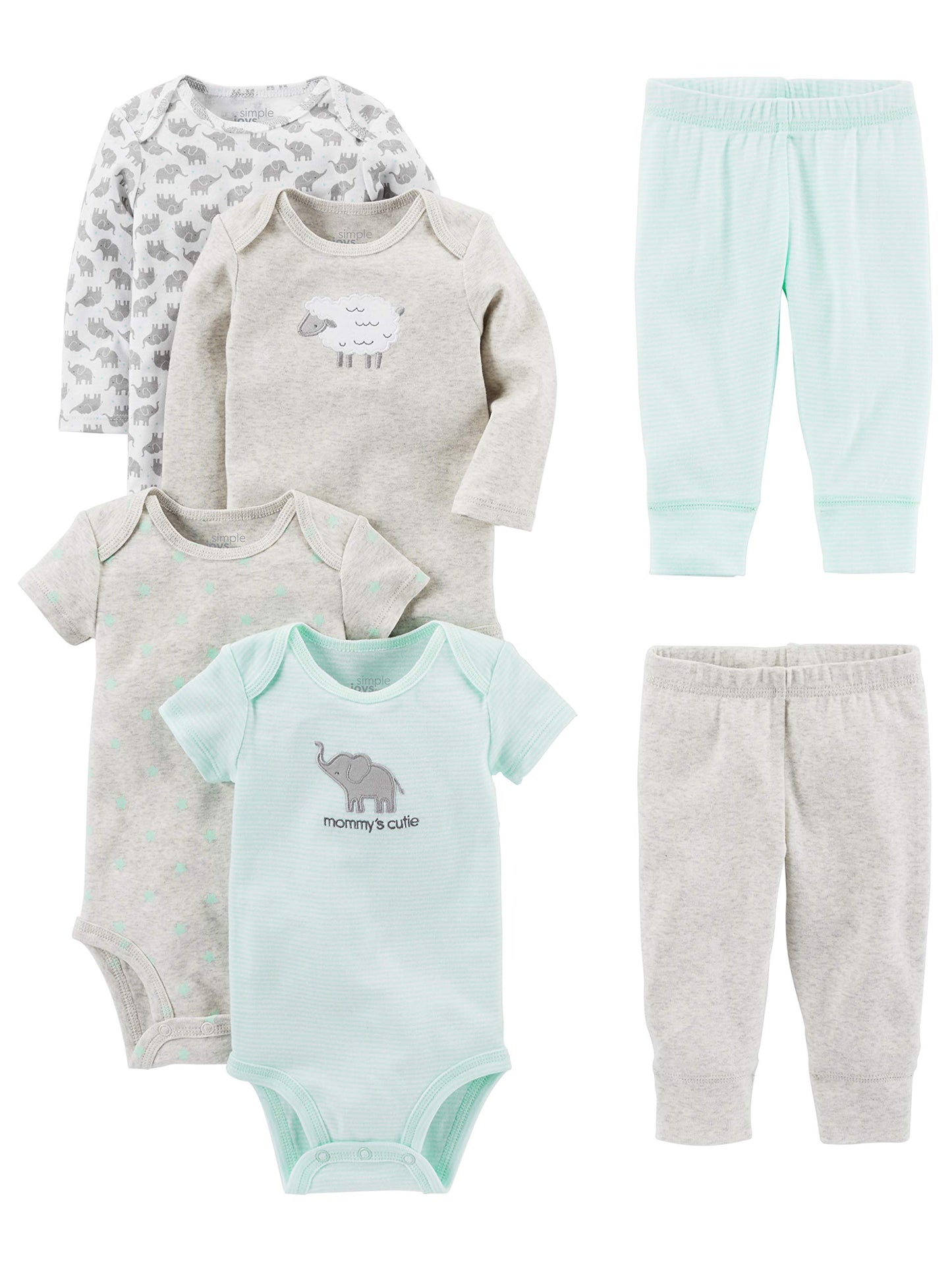 Simple Joys by Carter's Baby 6-Piece Bodysuits (Short and Long Sleeve) and Pants Set, Grey/Mint Green/Elephant/Lamb, 0-3 Months