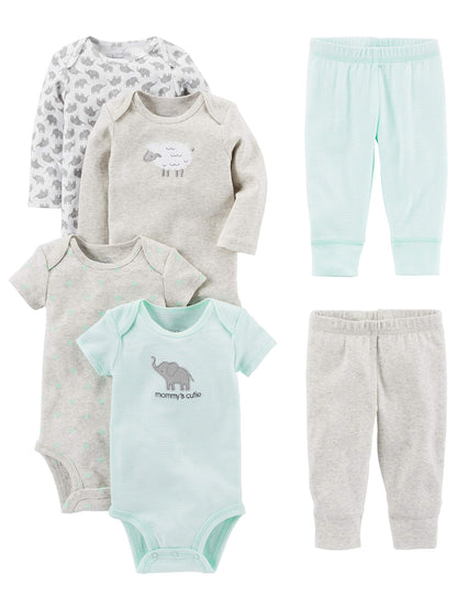 Simple Joys by Carter's Baby 6-Piece Bodysuits (Short and Long Sleeve) and Pants Set, Grey/Mint Green/Elephant/Lamb, 0-3 Months