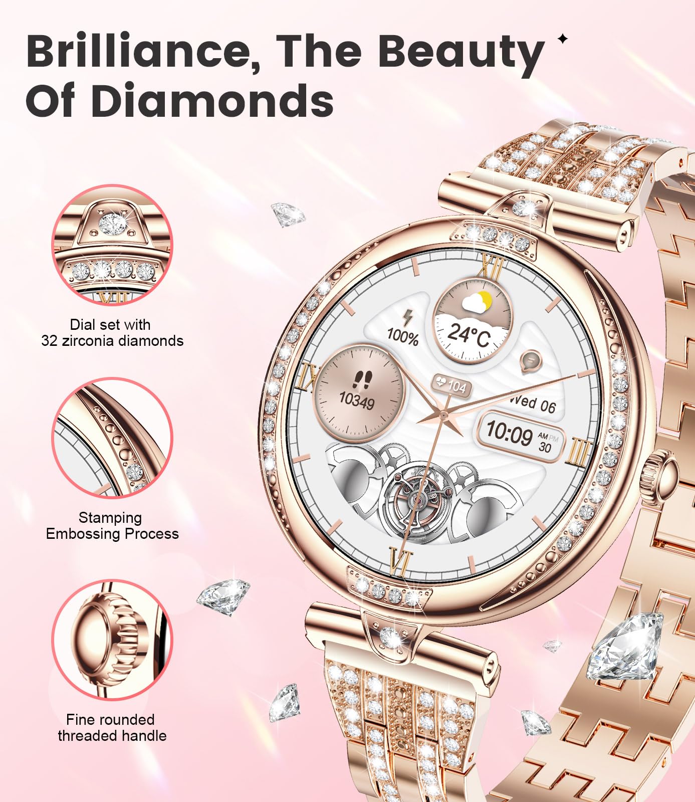 LIGE Smart Watches for Women (Answer/Make Call) with Diamonds，1.19” AMOLED Smartwatch with Heart Rate/SpO2/Sleep Monitor,IP68 Waterproof Fitness Tracker 111 Sport Modes Pedometer for Android iOS,Gold