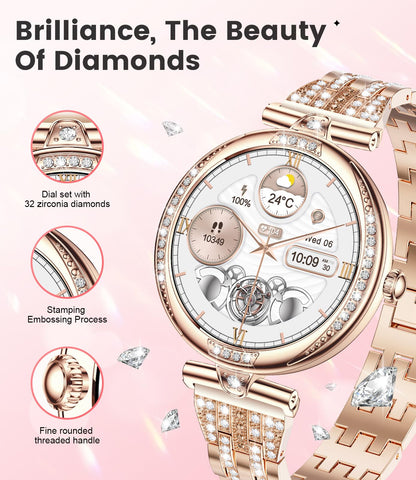LIGE Smart Watches for Women (Answer/Make Call) with Diamonds，1.19” AMOLED Smartwatch with Heart Rate/SpO2/Sleep Monitor,IP68 Waterproof Fitness Tracker 111 Sport Modes Pedometer for Android iOS,Gold