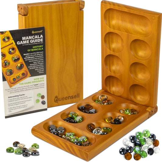 Mancala Board Game with Magnetic Lock – Classic 2-Player Folding Game – Wooden Mancala Set with 56 Glass Pebbles – Mancala Game for Kids and Adults