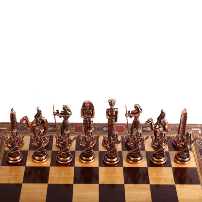 Egypt Pharaoh Antique Copper Figures Metal Chess Set for Adults Handmade Pieces and Natural Solid Wooden Chess Board with Pearl Design Around Board and Storage Inside King 3.4inc