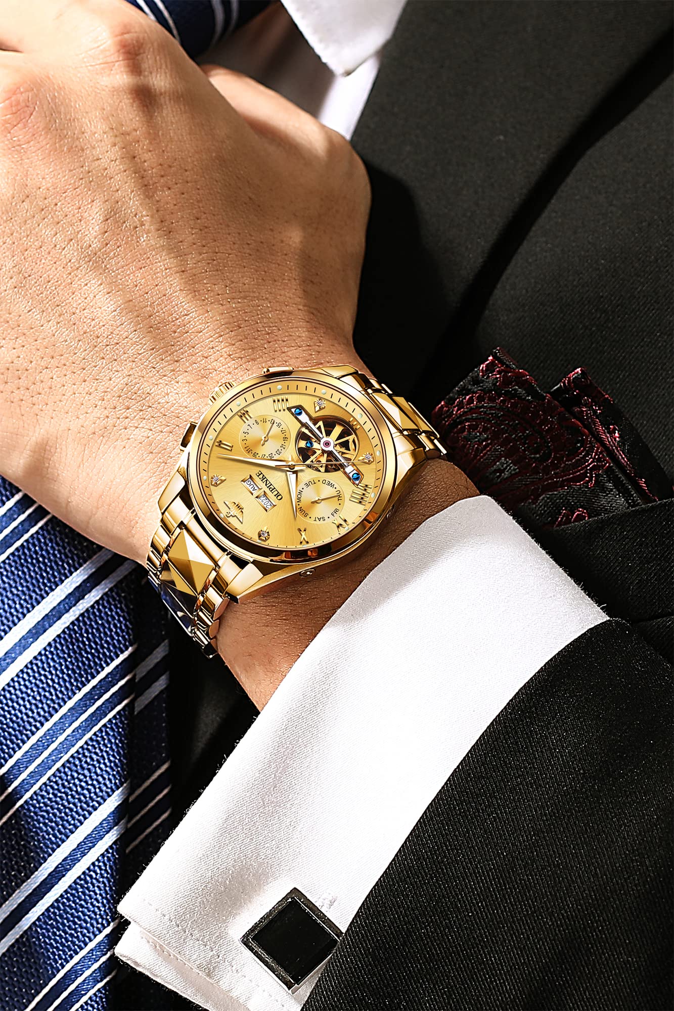 OUPINKE Gold Men Automatic Mechanical Wrist Watches Luxury Dress Tungsten Steel Luminous Waterproof Sapphire Diamond Calendar Best Gifts Men