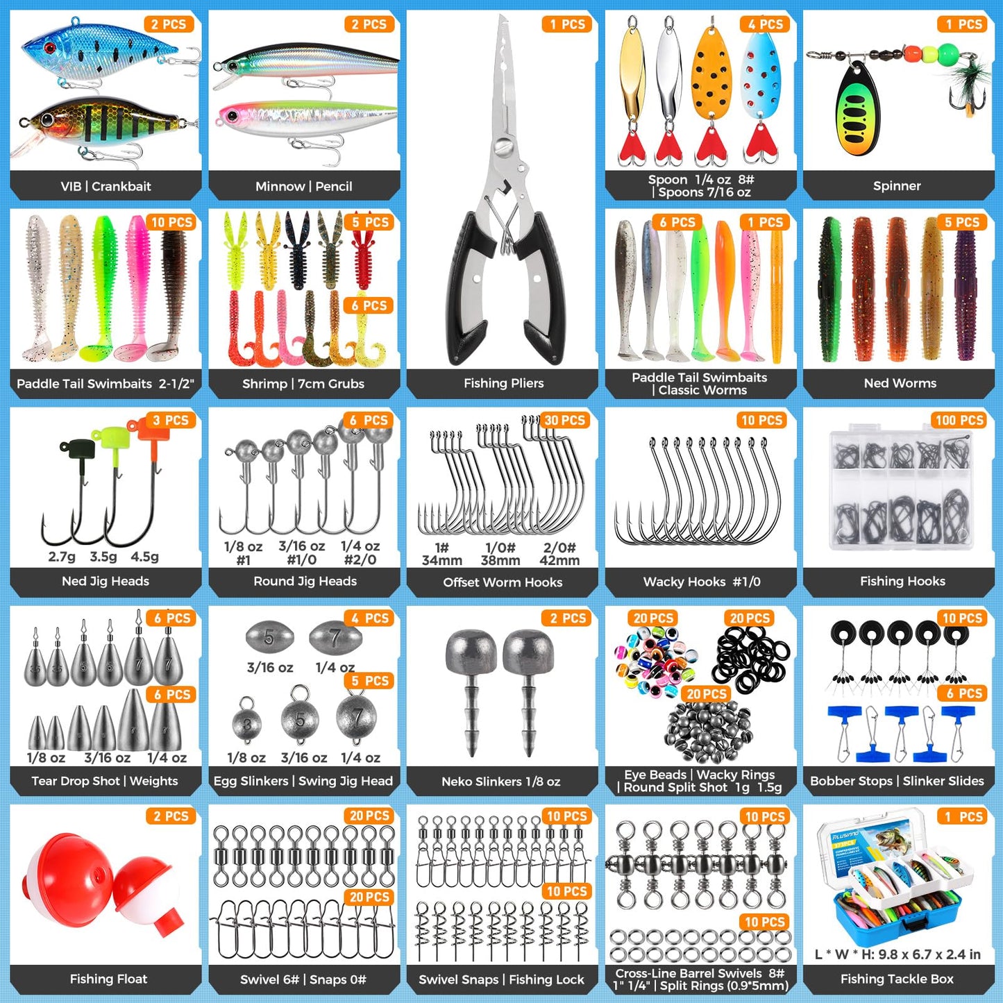 PLUSINNO Fishing Tackle Box with Tackle Included, 373PCS Fishing Lures Kit with Removable Tray, Fishing Gear with Pliers, Weights, Hooks, Accessories, Fishing Tackle Lure Kit Gifts for Men Bass Trout