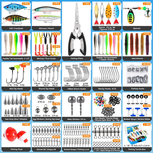 PLUSINNO Fishing Tackle Box with Tackle Included, 373PCS Fishing Lures Kit with Removable Tray, Fishing Gear with Pliers, Weights, Hooks, Accessories, Fishing Tackle Lure Kit Gifts for Men Bass Trout