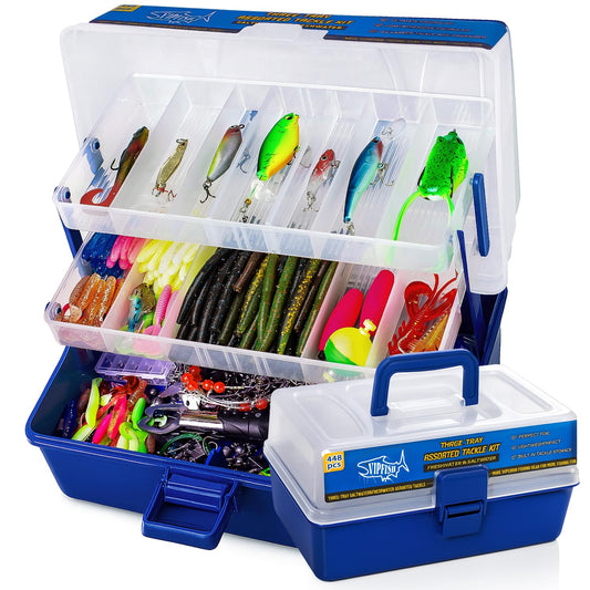 Vipfish 448-Pcs Fishing Lures Kit – Complete 3-Layer Tackle Box Set with Hooks, Weights, Bobbers, Pliers, Rigs, Leaders, Fluorocarbon Line, Accessories & More for Kids Fishing Gear