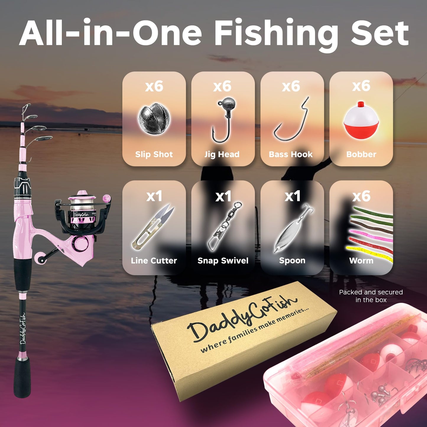 DaddyGoFish Spinning Fishing Rod and Reel Combo Set with Tackle Box | Kids Fishing Pole | Carbon Fiber Telescopic Fishing Rod Kit | Spinning Reel for Travel Saltwater Freshwater Fishing Gear Kit