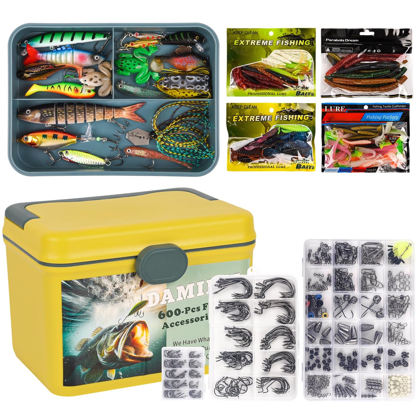 DAMIDEL 600 Pcs/Tackle Box Fishing Kit-Fishing Hooks,Sinkers, Swivels Snaps,Top Water Lure,Spoons,Soft Lures,Jig Heads, Frogs, Minnow, Accessories Equipment- Saltwater Freshwater Bass Bait Gear