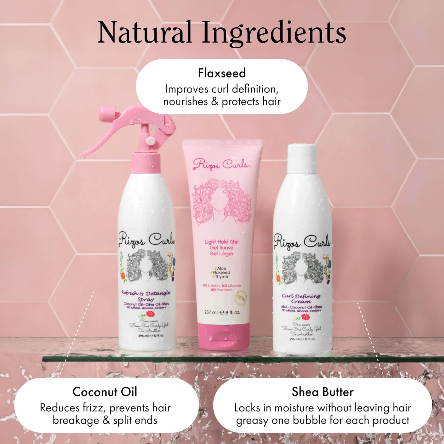 Rizos Curls Styling Starter Kit, Refresh and Detangle Spray & Curl Defining Cream & Light Hold Gel Bundle, Enhance & Define Curls, Add Volume & Hold, Frizz Control & Shine