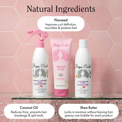 Rizos Curls Styling Starter Kit, Refresh and Detangle Spray & Curl Defining Cream & Light Hold Gel Bundle, Enhance & Define Curls, Add Volume & Hold, Frizz Control & Shine
