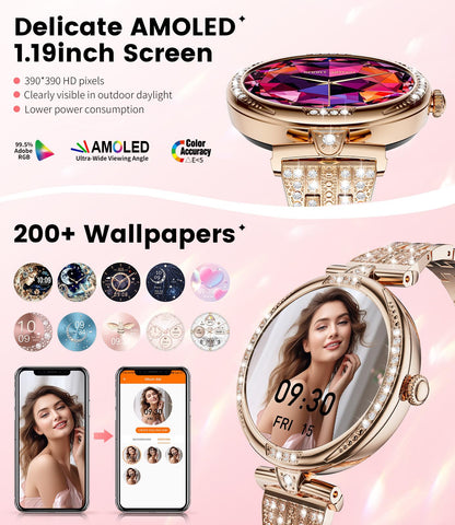 LIGE Smart Watches for Women (Answer/Make Call) with Diamonds，1.19” AMOLED Smartwatch with Heart Rate/SpO2/Sleep Monitor,IP68 Waterproof Fitness Tracker 111 Sport Modes Pedometer for Android iOS,Gold