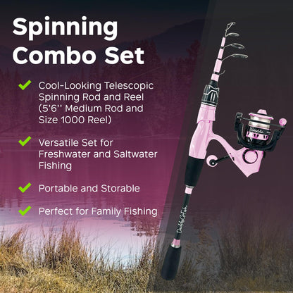 DaddyGoFish Spinning Fishing Rod and Reel Combo Set with Tackle Box | Kids Fishing Pole | Carbon Fiber Telescopic Fishing Rod Kit | Spinning Reel for Travel Saltwater Freshwater Fishing Gear Kit