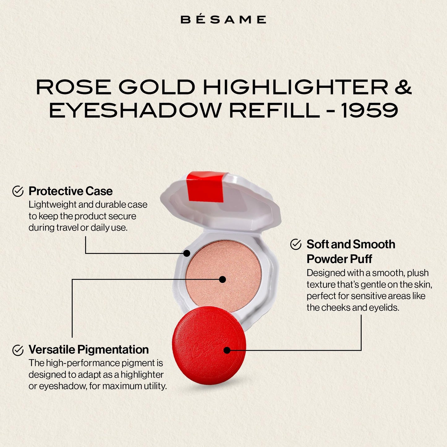 Besame Rose Gold Powder Blush & Eyeshadow 1959 Refill | Fits Signature Compacts Post-2019 | Sunkissed Pink-Gold | Vintage Inspired | 2-In-1 Cheek & Eyelid Highlighter | Sustainable Beauty Routine