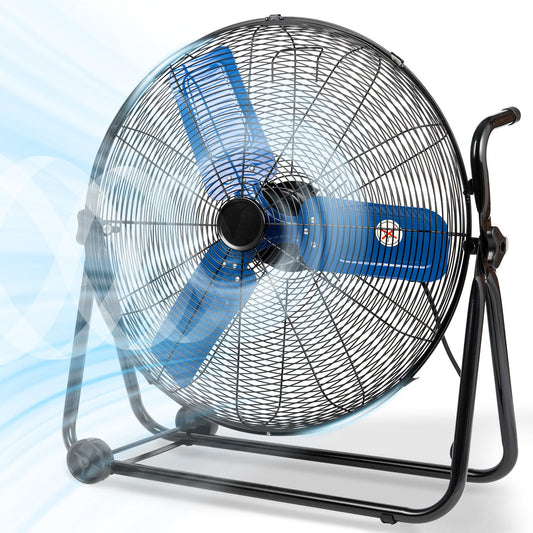 24" Industrial Fan Heavy Duty, 8500 CFM High Velocity Floor Fan 3 Speeds, Metal Construction and Aluminum Blades, 360° Tilt Metal Fan for Warehouse Garage Shop Workshop Factory and Basement Blue