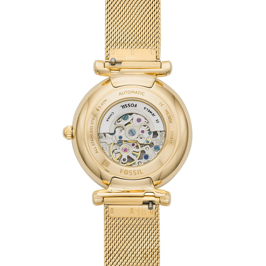 Fossil Women's Carlie Automatic Stainless Steel Mesh Three-Hand Watch, Color: Gold (Model: ME3250)