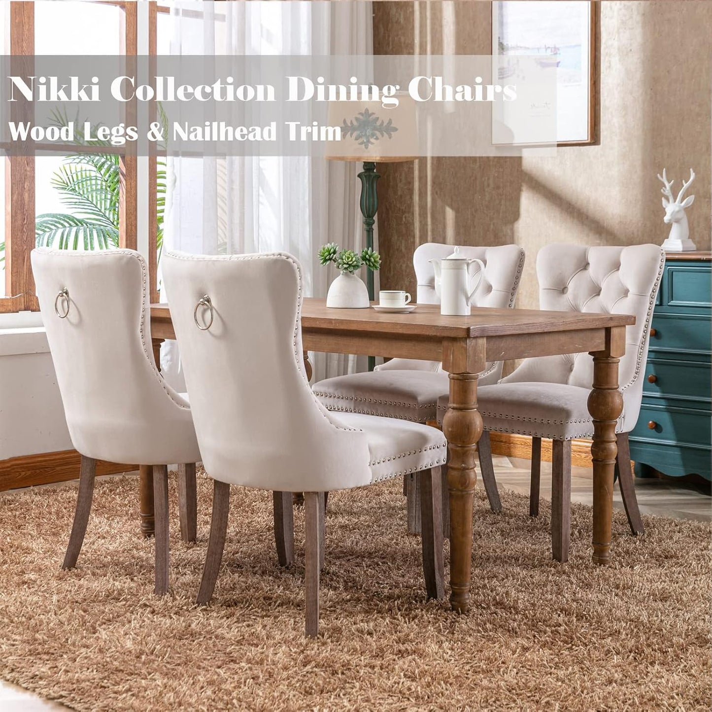 Beige Velvet Dining Chairs Set of 6, Upholstered Dining Room Chairs with Back Ring Pull Trim and Solid Wood Legs, Tufted Wingback Kitchen Chairs for Dining Room,Living Room,Kitchen(Beige)-2