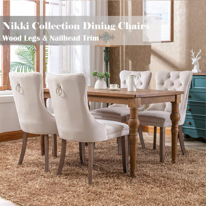 Beige Velvet Dining Chairs Set of 6, Upholstered Dining Room Chairs with Back Ring Pull Trim and Solid Wood Legs, Tufted Wingback Kitchen Chairs for Dining Room,Living Room,Kitchen(Beige)-2