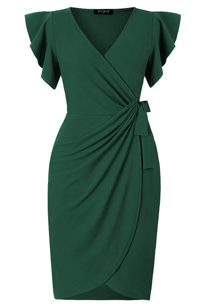 oten Women's Classic Ruffle Sleeve V-Neck Tie Belt Wrap Bodycon Office Cocktail Party Nightout Dresses Dark Green Medium