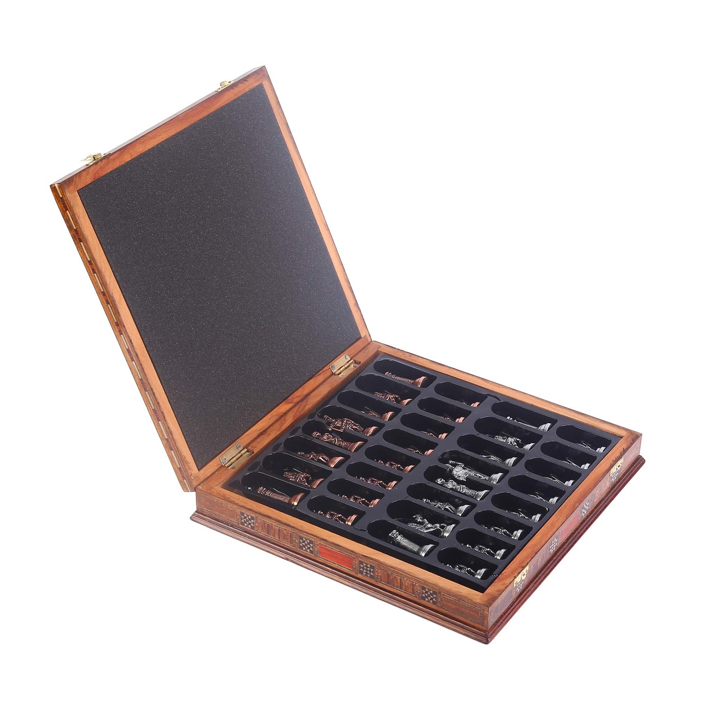 Egypt Pharaoh Antique Copper Figures Metal Chess Set for Adults Handmade Pieces and Natural Solid Wooden Chess Board with Pearl Design Around Board and Storage Inside King 3.4inc