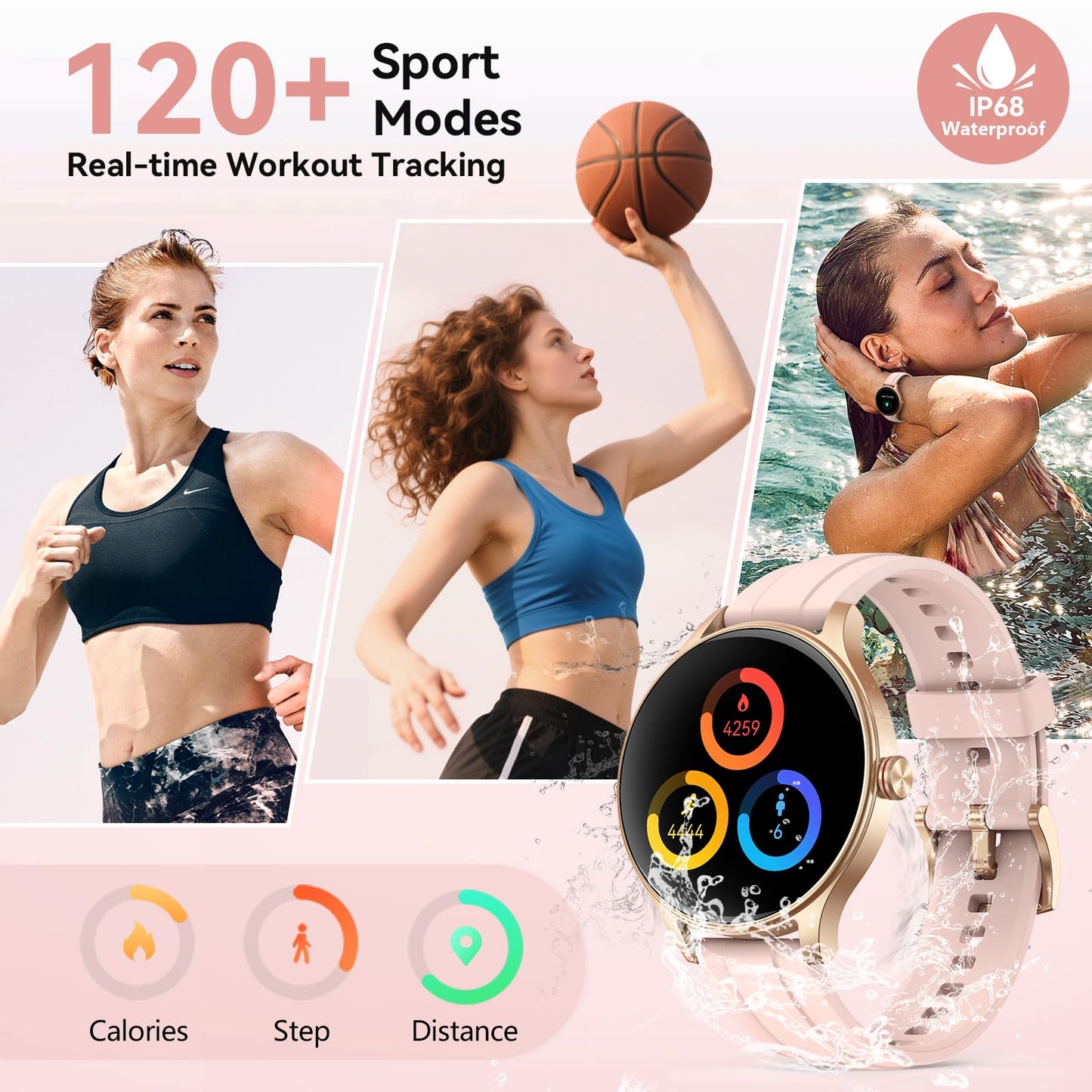 Fitpolo Smart Watches for Women (2 Bands), 1.27" Stylish Smartwatch, IP68 Waterproof Fitness Tracker with Bluetooth Calls (Make/Answer), Heart Rate/SpO2/Sleep Monitor, 7 Days Battery - Pink