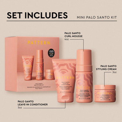 PATTERN Beauty by Tracee Ellis Ross Palo Santo Mini Kit features our Bestsellling Formulas: Palo Santo Leave-In Conditioner, Palo Santo Curl Mousse, Palo Santo Styling Cream in Mini Travel Sizes