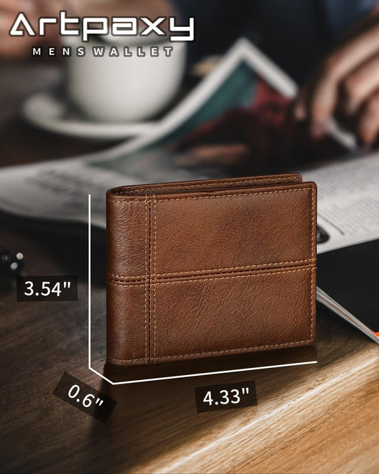 Artpaxy Mens Wallet Genuine Leather Bifold RFID Blocking Wallet for Men, 2 ID Windows 12-13 Card Holders, Gift Box