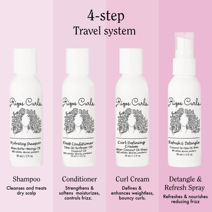 Rizos Curls 4-Step Travel Kit for Curly Hair: Curl Defining Cream, Shampoo, Conditioner, Refresh & Detangle (2 fl oz each)