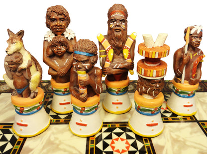 Australian Aborigines Tribal Chess Set with 14 1/2 inch Mosaic Color Board Aboriginal