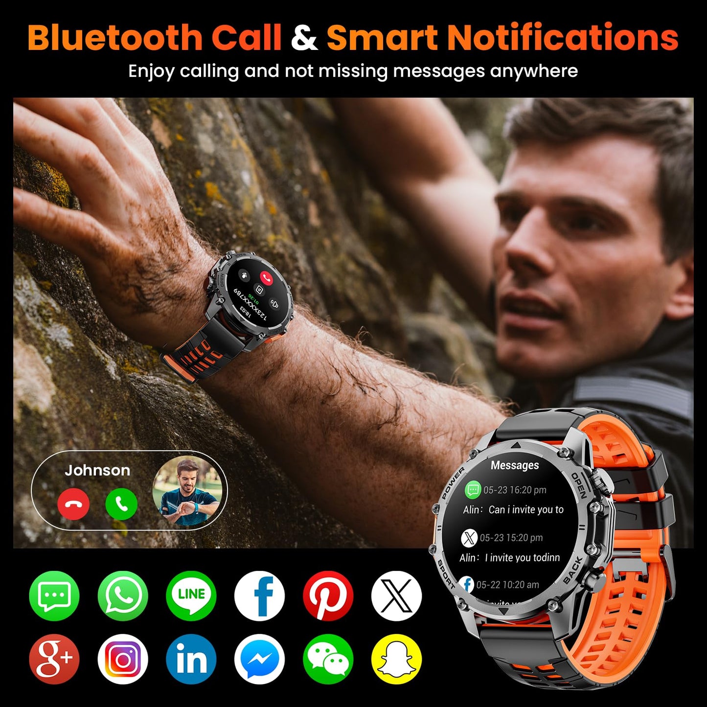 Smart Watch (Call/Notification),1.52'' Military Smart Watches for Men, Two Style Kits,Flashlight,100+Sport Modes/Heart Rate/Sleep Monitor/Pedometer, Fitness Tracker Android Phones iPhone Compatible