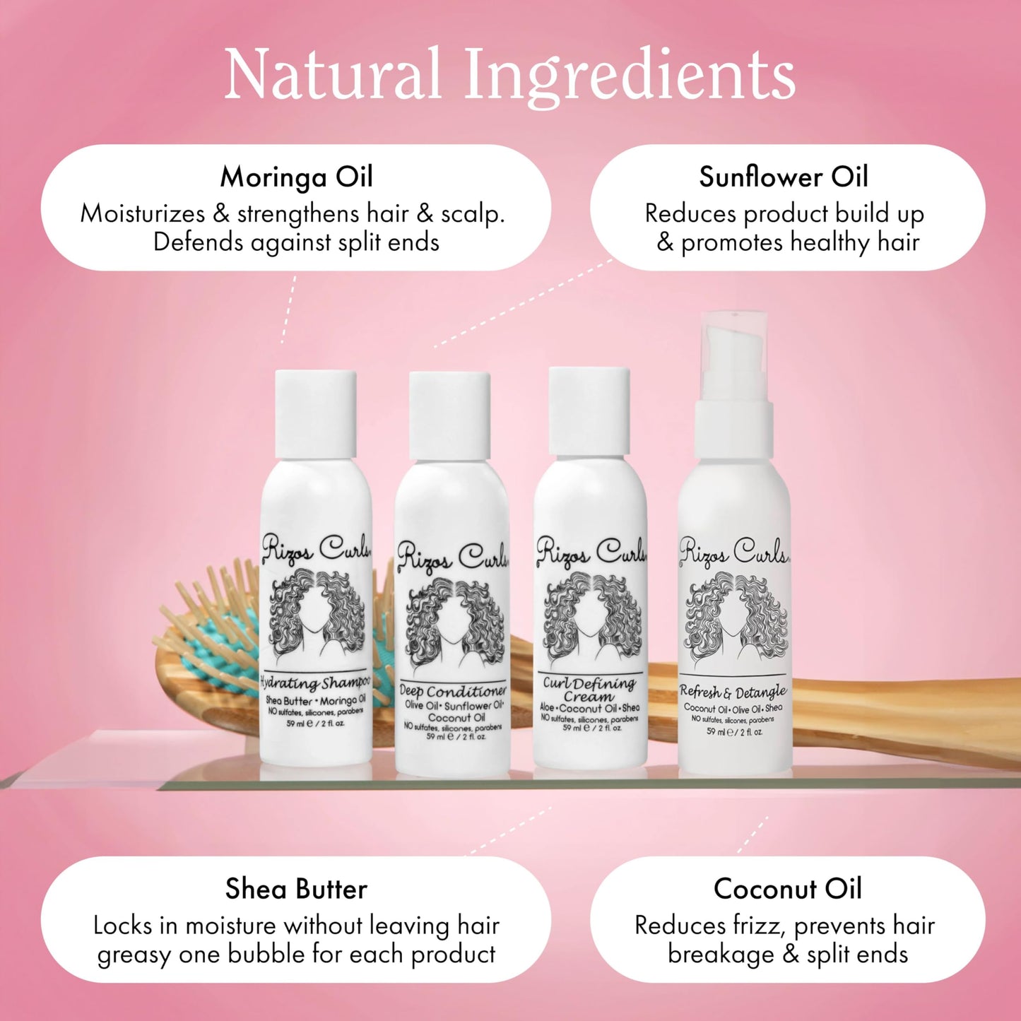 Rizos Curls 4-Step Travel Kit for Curly Hair: Curl Defining Cream, Shampoo, Conditioner, Refresh & Detangle (2 fl oz each)